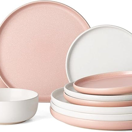 Famiware Milkyway Plates and Bowls Sets, 12 Pieces Dinnerware Sets, Reactive Glaze Dish Set, Stoneware Dishes Set for 4, Matte Beige White & Light Pink