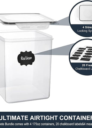 Large Food Storage Containers 5.2L (175oz), MCIRCO 4 Pieces Plastic Airtight Food Storage Containers for Flour, Sugar, Baking Supplies, with 4 Measuring Cups and 20 Labels