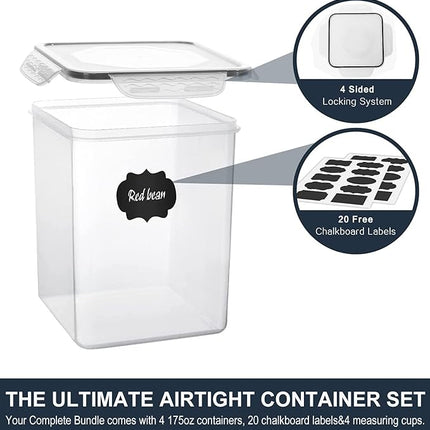 Large Food Storage Containers 5.2L (175oz), MCIRCO 4 Pieces Plastic Airtight Food Storage Containers for Flour, Sugar, Baking Supplies, with 4 Measuring Cups and 20 Labels