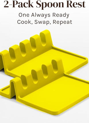 Yellow Silicone Spoon Rest for Stove Top with Drip Pad (Two Pack) - Heat Resistant BPA Free Utensil Rest & Spoon Holder for Kitchen Counter - Grill Utensil Holder - Spatula Holder, Tongs, Ladle