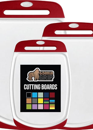GORILLA GRIP BPA-Free Reversible Kitchen Cutting Board Set of 3, US Designed, Nonporous, Juice Grooves Catch Liquid, Slip Resistant Border, Durable Food Chopping Boards, Christmas Kitchen Decor, Red