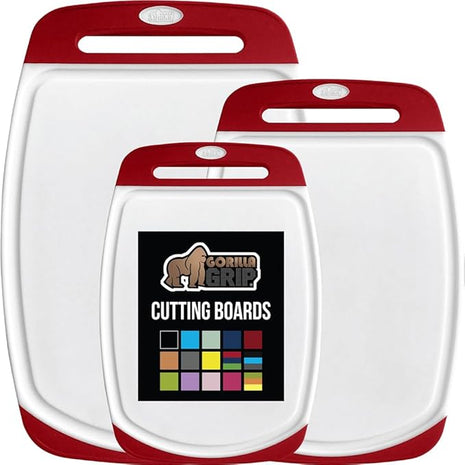 GORILLA GRIP BPA-Free Reversible Kitchen Cutting Board Set of 3, US Designed, Nonporous, Juice Grooves Catch Liquid, Slip Resistant Border, Durable Food Chopping Boards, Christmas Kitchen Decor, Red