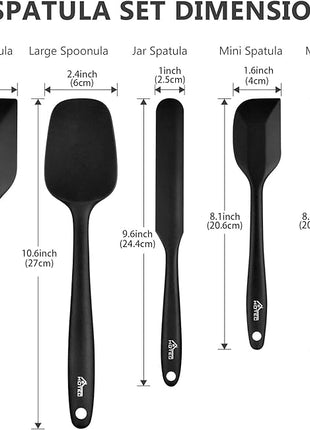 HOTEC 600℉ Heat Resistant BPA-Free Silicone Rubber Spatula Set,Kitchen Cooking Spatulas, Baking, Mixing for Non Stick Cookware, Dishwasher Safe, Black Set of 5