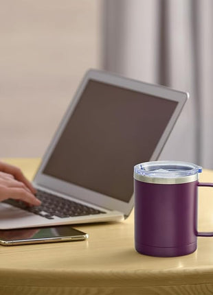 MEWAY 12oz Coffee Mug With Handle 2 Pack Bulk,Stainless Steel Insulated Travel Tumblers With Sliding Lid,Double Wall Vacuum Camping Cup for Hot & Cold Drinks Tea (Forest Green&Plum,Set of 2)