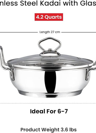 Vinod Stainless Steel Kadai with Glass Lid Extra Thick SAS Heavy Base Kadai for Cooking Induction and Gas Compatible 125 oz 10.14 in 2-Year Silver