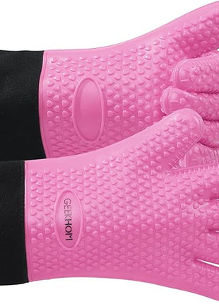 GEEKHOM BBQ Gloves Heat Resistant Oven Mitts - Silicone Grilling Gloves with 13.7" Arm Protection - Waterproof Pot Holder Non-Slip for Men & Women, Kitchen Outdoor Cooking, Baking, Camping, Pink
