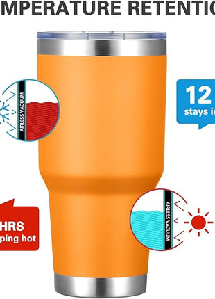 MEWAY 30oz Insulated Tumbler With Lids and Straws,Stainless Steel Double Vacuum Coffee Tumbler Cup, Brush, Durable Powder Coated Coffee Cup for Cold & Hot Drinks, Office, Travel(Orange,4 PACK)