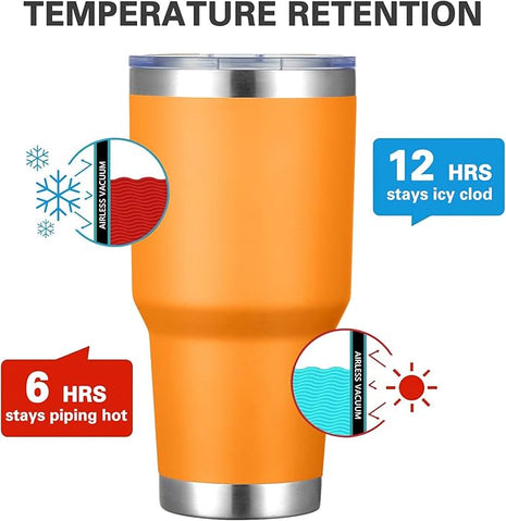 MEWAY 30oz Insulated Tumbler With Lids and Straws,Stainless Steel Double Vacuum Coffee Tumbler Cup, Brush, Durable Powder Coated Coffee Cup for Cold & Hot Drinks, Office, Travel(Orange,8 PACK)