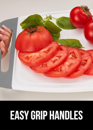 GORILLA GRIP BPA-Free Reversible Kitchen Cutting Board Set of 3, Nonporous, Juice Grooves to Catch Liquid, Slip Resistant Handle Border, Dishwasher Safe, Durable Large Food Chopping Boards, Gray