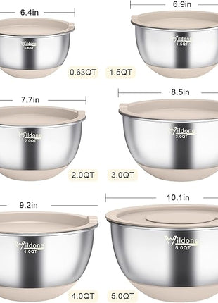Wildone Mixing Bowls with Airtight Lids, 22 PCS Stainless Steel Nesting Bowls, with 3 Grater Attachments, Scale Marks & Non-Slip Bottom, Size 5, 4, 3, 2,1.5, 0.63QT, Ideal for Mixing & Prepping