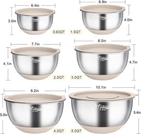 Wildone Mixing Bowls with Airtight Lids, 22 PCS Stainless Steel Nesting Bowls, with 3 Grater Attachments, Scale Marks & Non-Slip Bottom, Size 5, 4, 3, 2,1.5, 0.63QT, Ideal for Mixing & Prepping