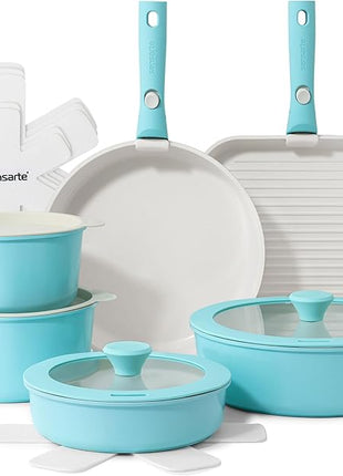 SENSARTE 17 Piece Ceramic Pots and Pans Set, Nonstick Detachable Handle Cookware, Induction Kitchen Cookware Set with Removable Handle, Dishwasher ＆ Oven Safe (Turquoise)