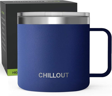 CHILLOUT LIFE Stainless Steel 16 oz Vacuum Insulated Coffee Mug with Handle and Lid, Large Thermal Camping Coffee Mug Cup with Durable Sliding Top for Men & Women - Keeps Beverages Hot/Cold