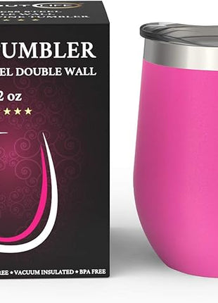 CHILLOUT LIFE 12 oz Stainless Steel Wine Tumbler with Lid - Double Wall Vacuum Insulated Wine Cup Glass Keeping Cold & Hot for Coffee, Champagne, Cocktails, Ice Cream - Powder Coated Pink