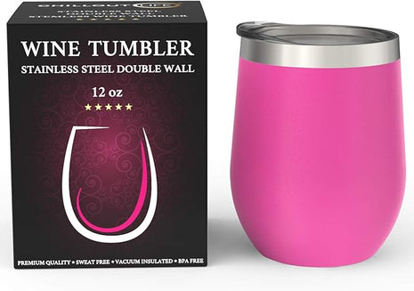 CHILLOUT LIFE 12 oz Stainless Steel Wine Tumbler with Lid - Double Wall Vacuum Insulated Wine Cup Glass Keeping Cold & Hot for Coffee, Champagne, Cocktails, Ice Cream - Powder Coated Pink