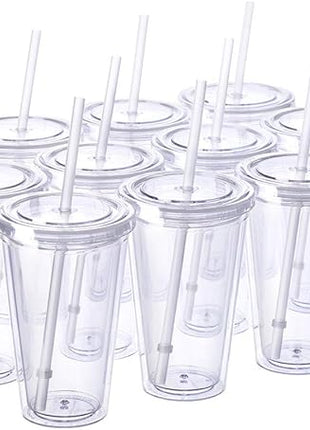 Cupture Classic 12 Insulated Double Wall Tumbler Cup with Lid, Reusable Straw & Hello Name Tags - 16 oz, Bulk Pack (Clear)