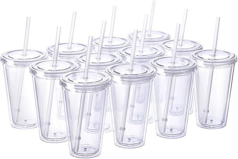 Cupture Classic 12 Insulated Double Wall Tumbler Cup with Lid, Reusable Straw & Hello Name Tags - 16 oz, Bulk Pack (Clear)