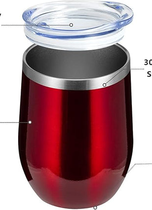 MEWAY 12oz Wine Tumbler 16 Pack Bulk Gifts for Women,Double Wall Vacuum Stainless Steel Travel Mug with Lid,Insulated Stemless Wine Cup Glass for Coffee,Cocktails,Drinks(Burgundy,Set of 16)