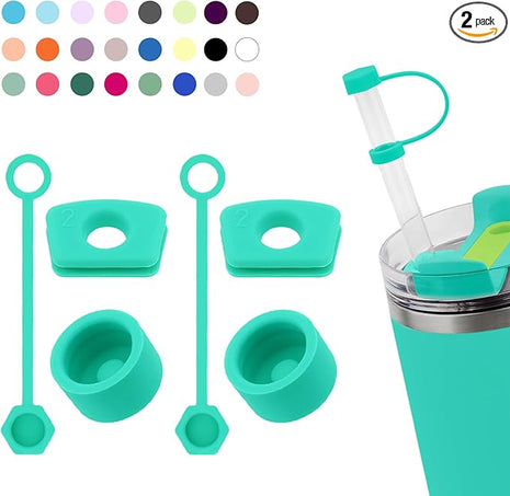 Silicone Spill Stopper Set Compatible with Stanley Cup 2.0 30oz & 40oz with Straw Cover (Set of 2, Tropical Teal)