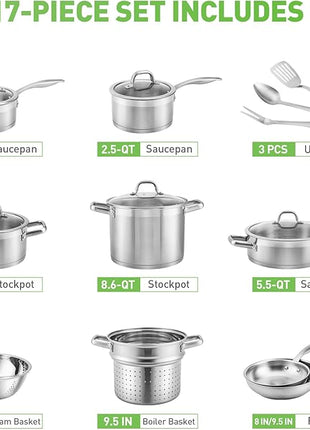 Duxtop Professional Stainless Steel Pots and Pans Set, 17PC Induction Cookware Set, Impact-bonded Technology
