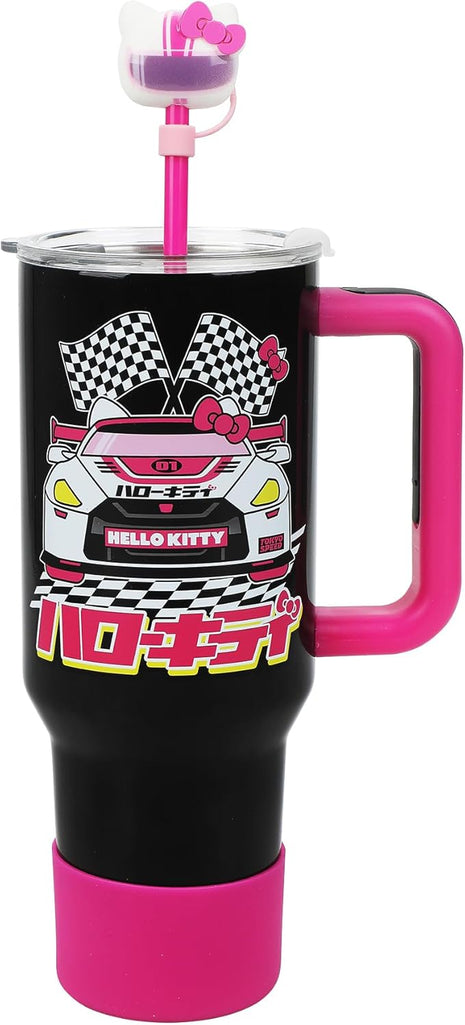Bioworld Hello Kitty Race Car 40 Oz Black & Pink Stainless Steel Tumbler With Handle