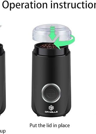 DR MILLS DM-7441 Coffee Grinder Electric, Coffee Bean and Dried Spice Grinder, One Touch Operation, Blade and Cup Made with SUS304 Stainless Steel (Black)