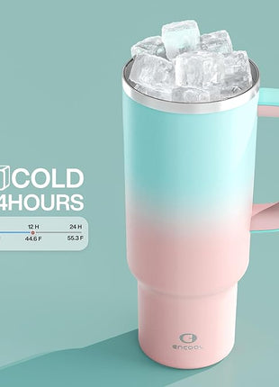 40 oz Tumbler with Handle and Straw: Stainless Steel Insulated Tumbler Keeps Cold for 24 Hours, Leakproof Travel Cup Fits in Cup Holder and BPA-Free, Cherry Blossom