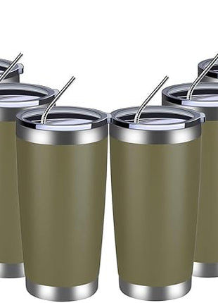 MEWAY 20oz Tumbler 8 Pack Double Wall Vacuum Insulated Travel Mug Bulk, Stainless Steel Tumblers with Lid and Straw, Durable Powder Coated Coffee Cups for Cold & Hot Drinks (Army Green, 8)