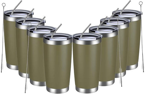 MEWAY 20oz Tumbler 8 Pack Double Wall Vacuum Insulated Travel Mug Bulk, Stainless Steel Tumblers with Lid and Straw, Durable Powder Coated Coffee Cups for Cold & Hot Drinks (Army Green, 8)