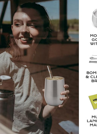 BALIBETOV 5 pcs large Yerba Mate Cup and Bombilla Kit, Includes one 12 oz Yerba Mate Gourd with Lid, Two Bombillas Mate Straw and one cleaning brush | Stainless steel | Double Walled