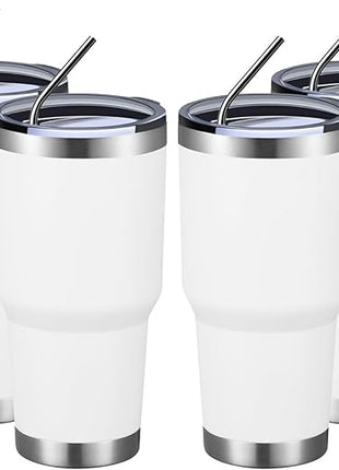 MEWAY 30oz Insulated Tumbler With Lids and Straws,Stainless Steel Double Vacuum Coffee Tumbler Cup, Brush, Durable Powder Coated Coffee Cup for Cold & Hot Drinks, Office(White,4 PACK)