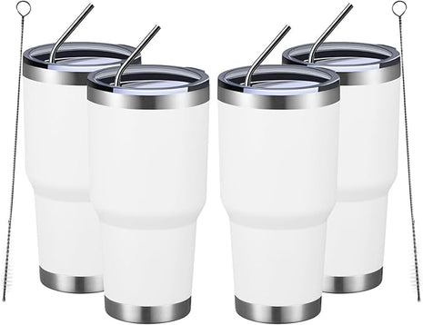 MEWAY 30oz Insulated Tumbler With Lids and Straws,Stainless Steel Double Vacuum Coffee Tumbler Cup, Brush, Durable Powder Coated Coffee Cup for Cold & Hot Drinks, Office(White,4 PACK)