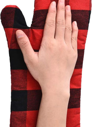 Oven Mitts and Potholders BBQ Gloves-Oven Mitts and Pot Holders with Recycled Infill Silicone Non-Slip Cooking Gloves for Cooking Baking Grilling (4-Piece Set) (Black/Red)