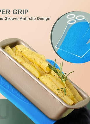 sungwoo Extra Long Silicone Oven Mitts, Heat Resistant Oven Gloves with Quilted Liner Non-Slip Textured Grip Perfect for BBQ, Baking, Cooking and Grilling - 1 Pair 14.6 Inch Blue & Black