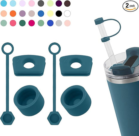Silicone Spill Stopper Set Compatible with Stanley Cup 2.0 30oz & 40oz with Straw Cover (Set of 2, Blue Spruce)