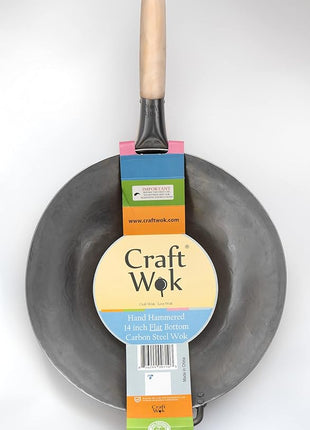 Craft Wok Flat Hand Hammered Carbon Steel Pow Wok with Wooden and Steel Helper Handle (14 Inch, Flat Bottom) / 731W316