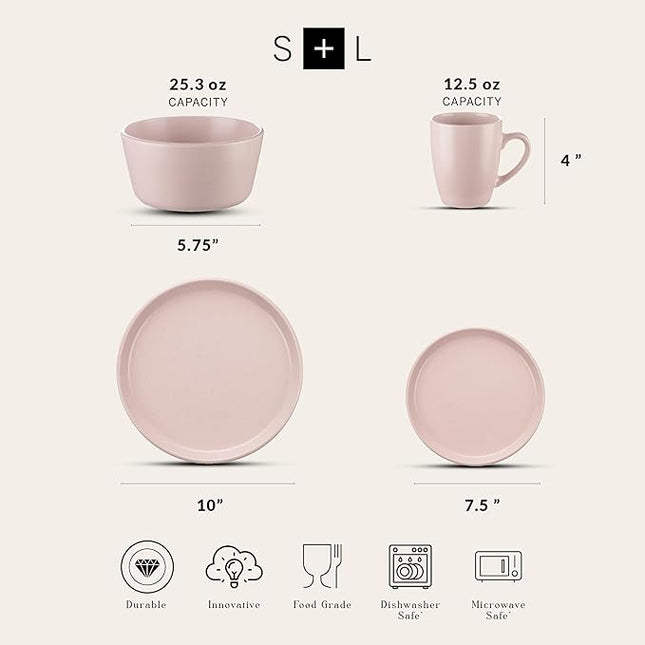 SERVICE FOR 4 - Total of 16 pieces including 8 dinner plates (10”), 4 salad plates (7.5”), 4 bowls (5.75”), and 4 mugs (12 oz), making it the perfect set to service 4 people