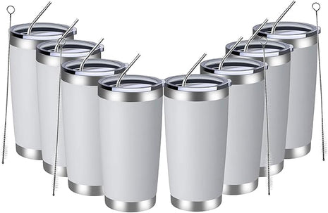 MEWAY 20oz Tumbler 8 Pack Double Wall Vacuum Insulated Travel Mug Bulk, Stainless Steel Tumblers with Lid and Straw, Durable Powder Coated Coffee Cups for Cold & Hot Drinks (White, 8)