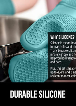 GORILLA GRIP BPA-Free Soft Silicone Oven Mitts and Pot Holders Sets, Heat Resistant Waterproof Cooking Gloves, Thick Cotton Lining, Flexible Gripping for Baking Grilling, Kitchen Trivets, Turquoise