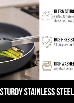 GORILLA GRIP Stainless Steel Heat Resistant Kitchen Tongs for Cooking, Set of 2 BBQ Tong, Non Scratch Silicone Tip for Pans, Strong Grip, Grab Food, Toss Salad, Air Fryer, Pull Lock, 7 + 9 Inch, Gray