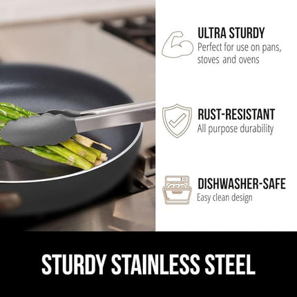 GORILLA GRIP Stainless Steel Heat Resistant Kitchen Tongs for Cooking, Set of 2 BBQ Tong, Non Scratch Silicone Tip for Pans, Strong Grip, Grab Food, Toss Salad, Air Fryer, Pull Lock, 7 + 9 Inch, Gray