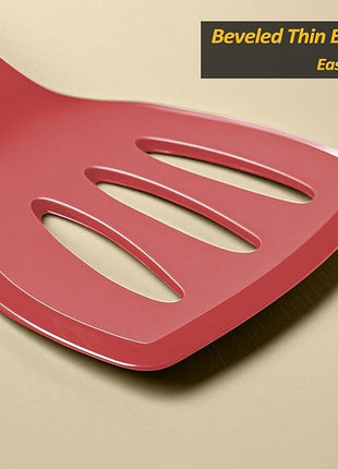 Silicone Pancake Spatula Turner with Lengthened Handle& Seamless Design, Heat Resistant Slotted Flipper for Nonstick Cookware, Large Flexible Kitchen Utensils for Egg, Pancake, Burger, Red