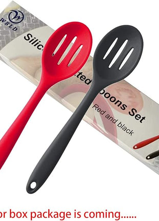 Silicone Nonstick Slotted Spoons Set 2,High Heat Resistant, Hygienic Design Cooking Baking Spoons Set for Cooking Stirring, Mixing and Serving,Red and Black with Color Box
