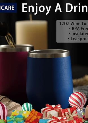 DOMICARE Stainless Steel Wine Tumbler Bulk with Lid, Personalized Insulated Tumblers Set, 12oz Travel Coffee Cups Pack of 8, Dark Blue