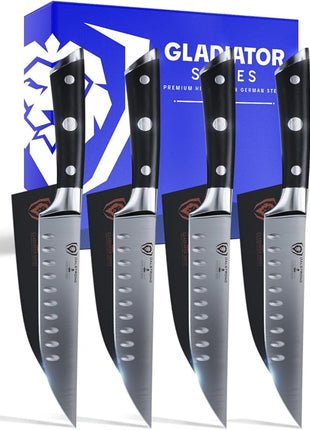 Dalstrong Steak Knife Set - 4-Piece - 5 inch Straight - Gladiator Series Elite - Forged German High-Carbon Steel - Black G10 Handle - Sheaths - Dinner Set - NSF Certified