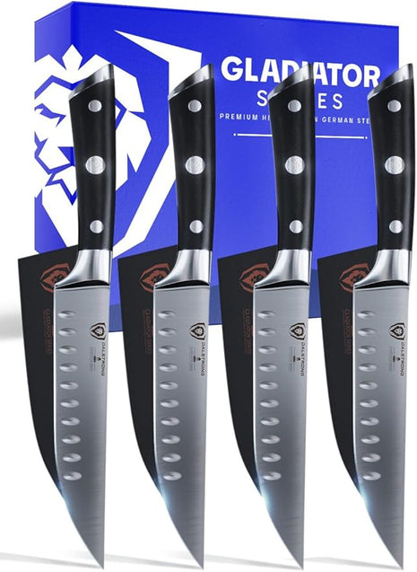 Dalstrong Steak Knife Set - 4-Piece - 5 inch Straight - Gladiator Series Elite - Forged German High-Carbon Steel - Black G10 Handle - Sheaths - Dinner Set - NSF Certified