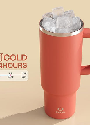 ENCOOL 40 oz Tumbler with Handle and Straw: Stainless Steel Insulated Tumbler Keeps Cold for 24 Hours, Leakproof Travel Cup Fits in Cup Holder and BPA-Free,Tawny Orange
