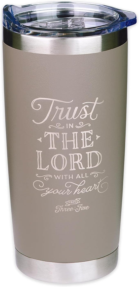 Christian Art Gifts Stainless Steel Double-Wall Vacuum Insulated Travel Mug 18 oz Gray Tumbler with Retractable Lid for Women and Men Bible Verse - Trust in the Lord - Proverbs 3:5