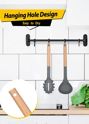 Silicone Pasta Fork and Ladle Spoon Set with Wooden Handle, Heat Resistant Non Stick Kitchen Utensils for Cooking, Stirring, Serving Spaghetti, Soup, Sauce(GRAY)