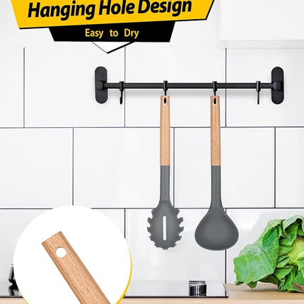 Silicone Pasta Fork and Ladle Spoon Set with Wooden Handle, Heat Resistant Non Stick Kitchen Utensils for Cooking, Stirring, Serving Spaghetti, Soup, Sauce(GRAY)